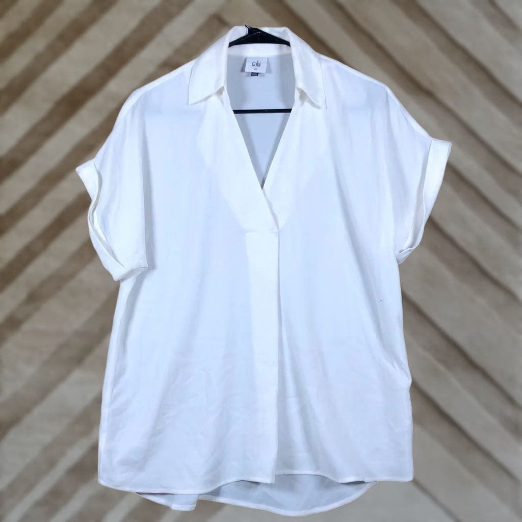 Vintage CAbi Blouse White Collared V Neck Short Sleeve Sheer XSmall Womens Shirt Knit? Size XS / US 0-2 / IT 36-38 - 1 Thumbnail