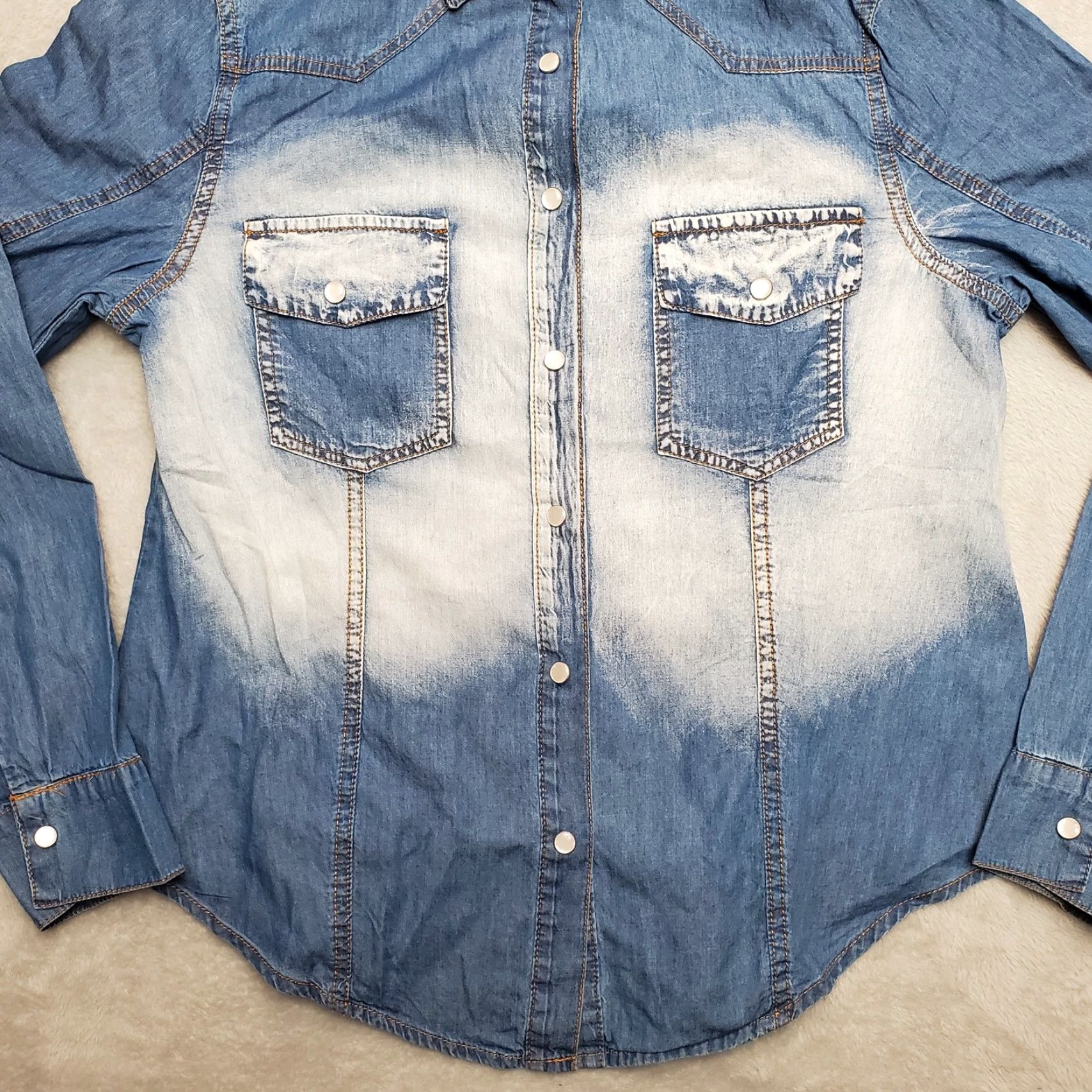 Denime VINTAGE Denim Acid Wash Shirt Women XL Blue 100% Cotton Long Sleeve Pearl Snap Size XL / US 12-14 / IT 48-50 - 3 Thumbnail