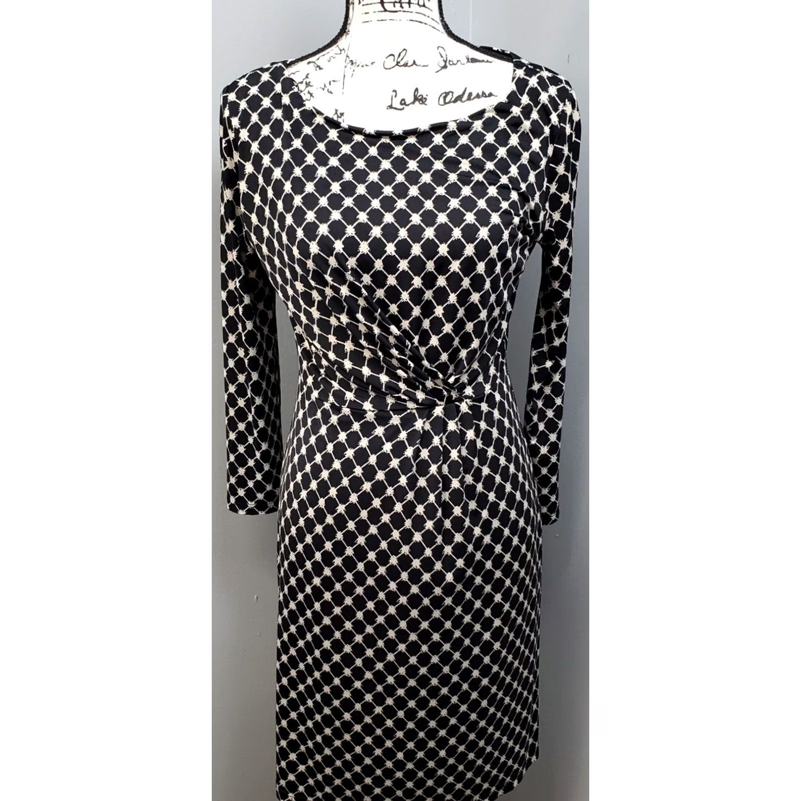Vintage Gilli Sheath Dress Womens M Black White Geometric Pleated Waist Boat Neck Size M / US 6-8 / IT 42-44 - 2 Thumbnail