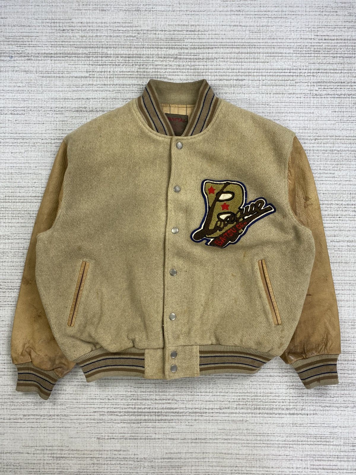 Japanese Brand × Vintage Vintage Ba-Tsu Co. league Leather Sleeve Varsity Jacket Size US L / EU 52-54 / 3 - 5 Thumbnail