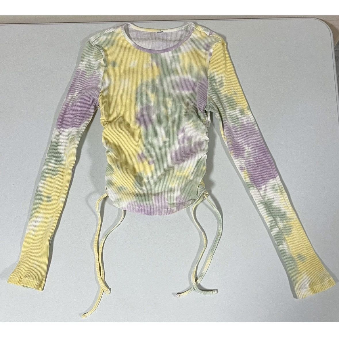 Japanese Brand Pastel Tie-Dye Ruched Long Sleeve Shirt Top Tee Size S 💛💜✨ Size S / US 4 / IT 40 - 2 Thumbnail