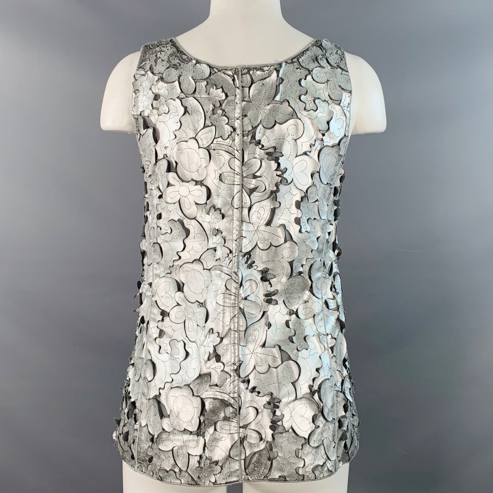 Marc Jacobs Silver Grey Leather Floral Cut Out Sleeveless Dress Top Size XS / US 0-2 / IT 36-38 - 4 Thumbnail
