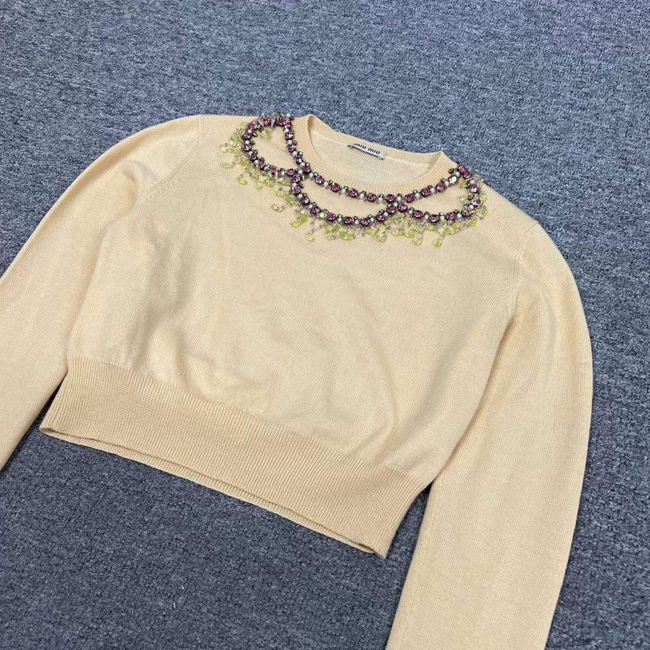Miu Miu MiuMiu Yellow Crystal Pearl Cashmere Sweater Size XS / US 0-2 / IT 36-38 - 1 Thumbnail