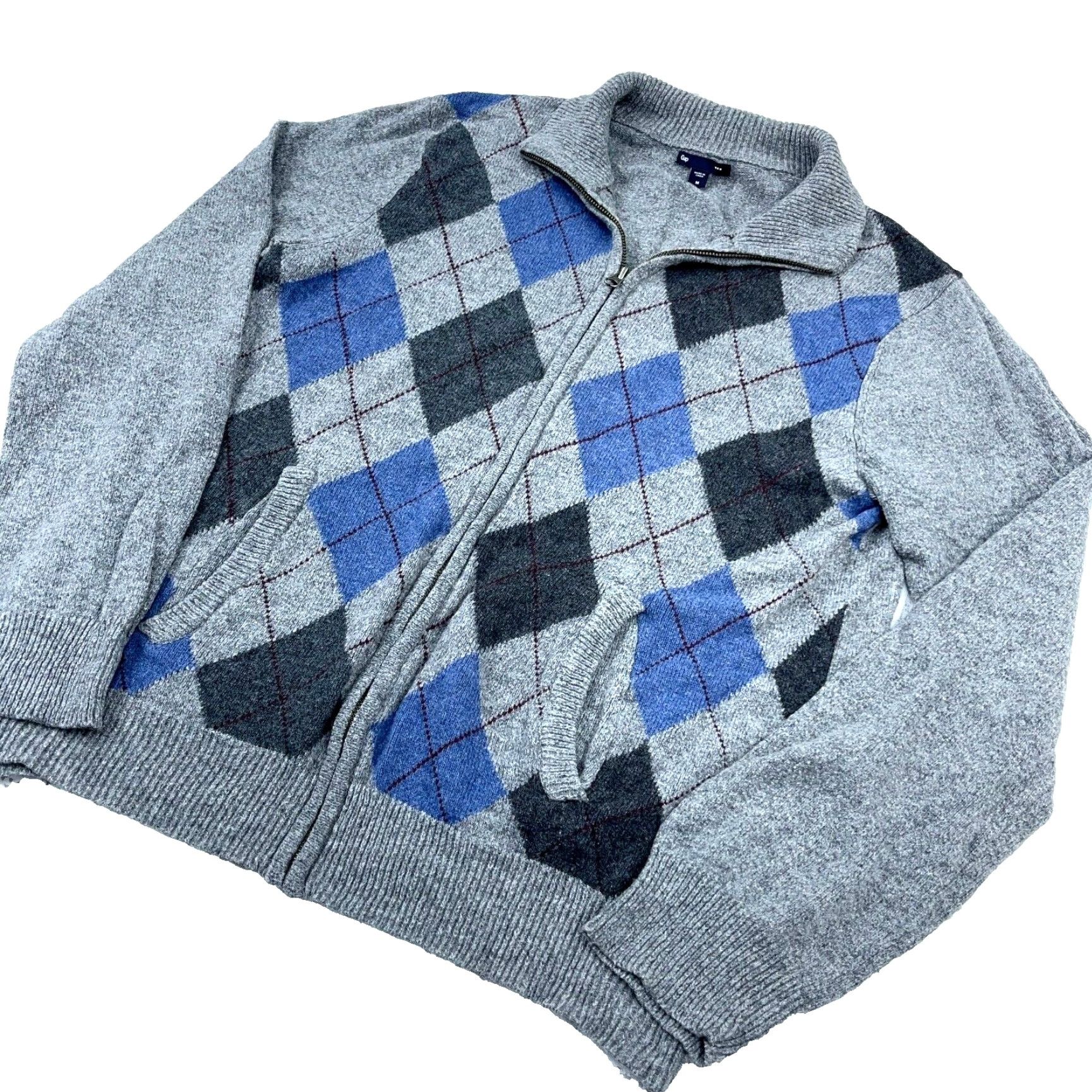 Gap Gap Cardigan Sweater Men Large Gray Diamond Argyle Full Zip Golf Knit 100% Cotton Nylon Wool Reversible All Seasons Size US L / EU 52-54 / 3 - 2 Thumbnail