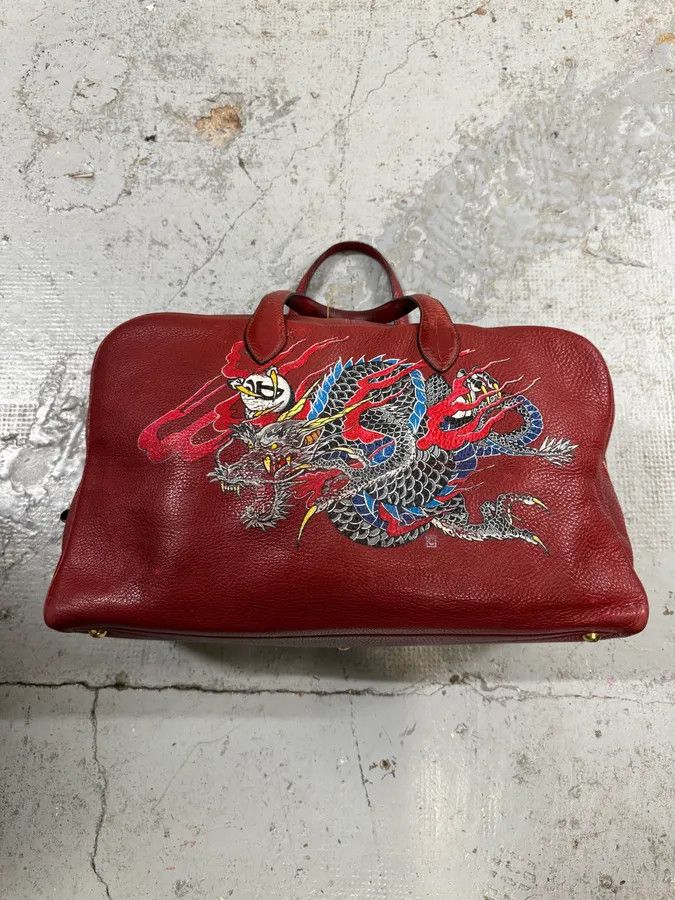 Hermes 2000s Hermès Asian Dragon Painted Victoria Red Bordeaux