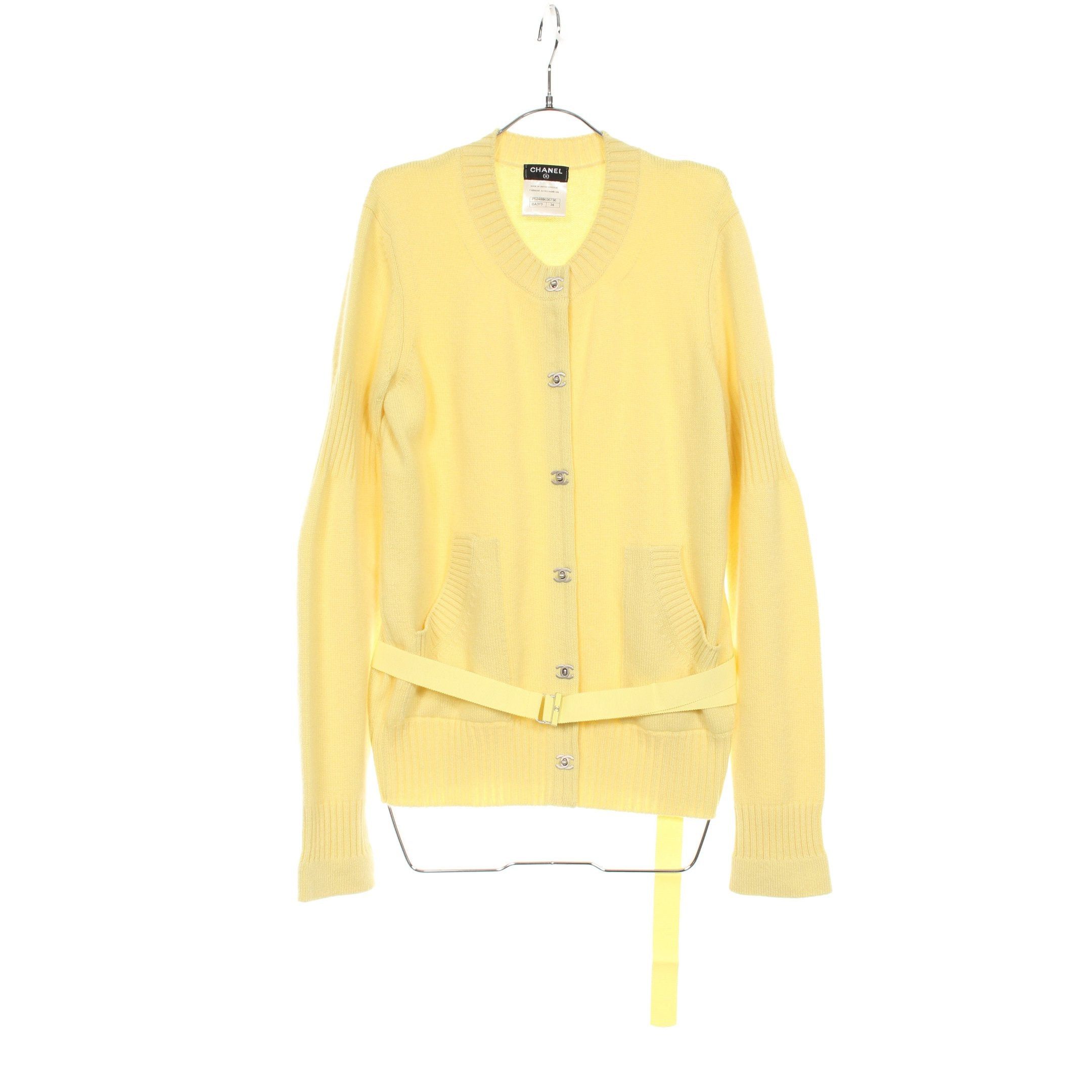 Chanel Coco Mark Cardigan Crew Neck Cashmere Yellow