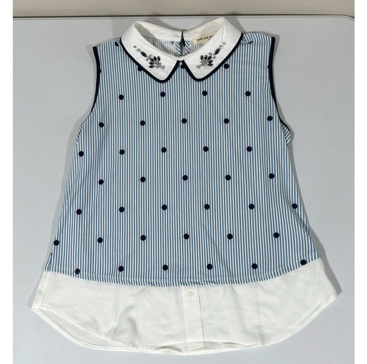 Japanese Brand Blue White Striped Polka Dot Collared Shirt Blouse Size S 🩵✨ Size S / US 4 / IT 40 - 4 Thumbnail