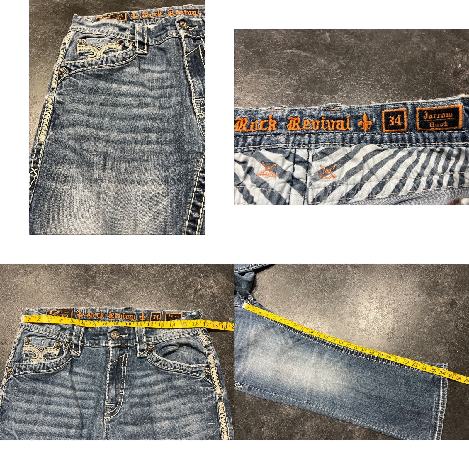 Vintage Rock Revival Jeans Mens 34x26 Jarrow Denim Boot Blue Thick Stitch Y2K Regular Rise 5-Pocket Mens Jeans Size US 34 / EU 50 - 8 Thumbnail