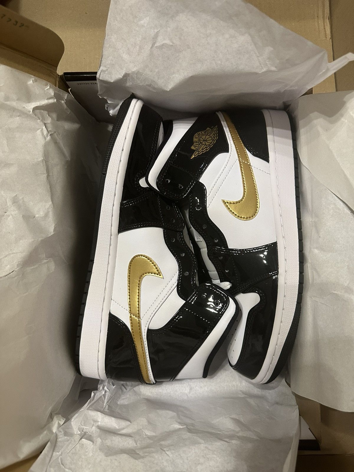 image of Jordan Nike Air Jordan 1 M Patent Se Black Gold Shoes in Black/White, Men's (Size 10)