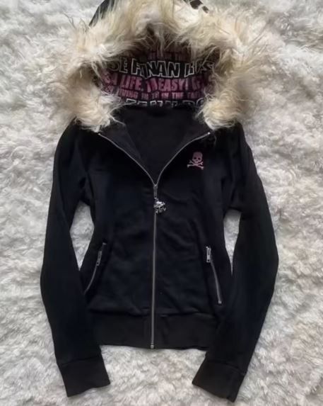Y2K Black Fur Collar Zipper Sweatshirt Hoodie