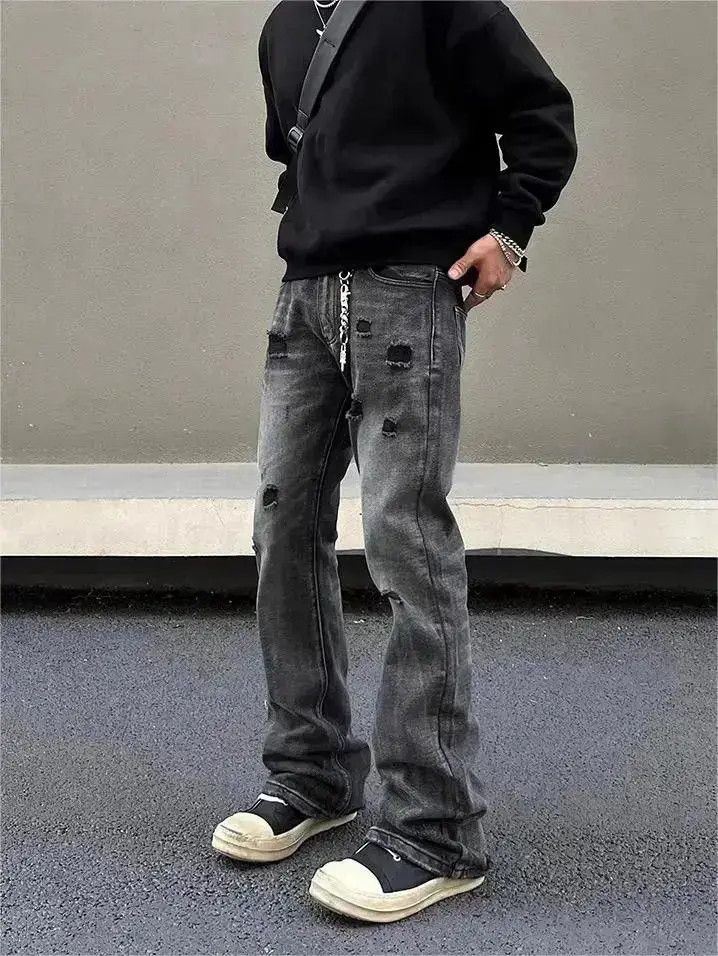 Japanese Brand Black straight leg distressed jeans Size US 32 / EU 48 - 1 Thumbnail