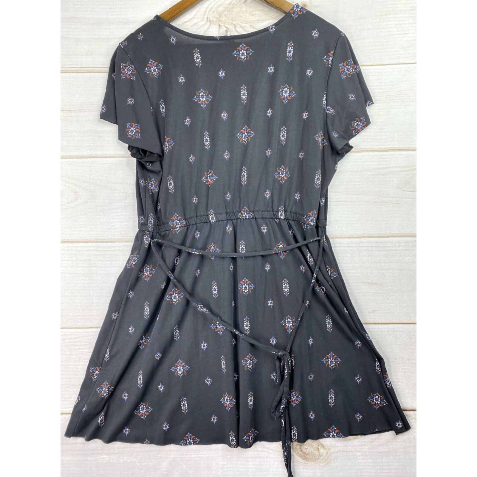 Vintage Mudd Dress Womens XL Black Boho Print Mini Raw Hems Faux Wrap Casual Soft Modal Dress Size XL / US 12-14 / IT 48-50 - 7 Thumbnail