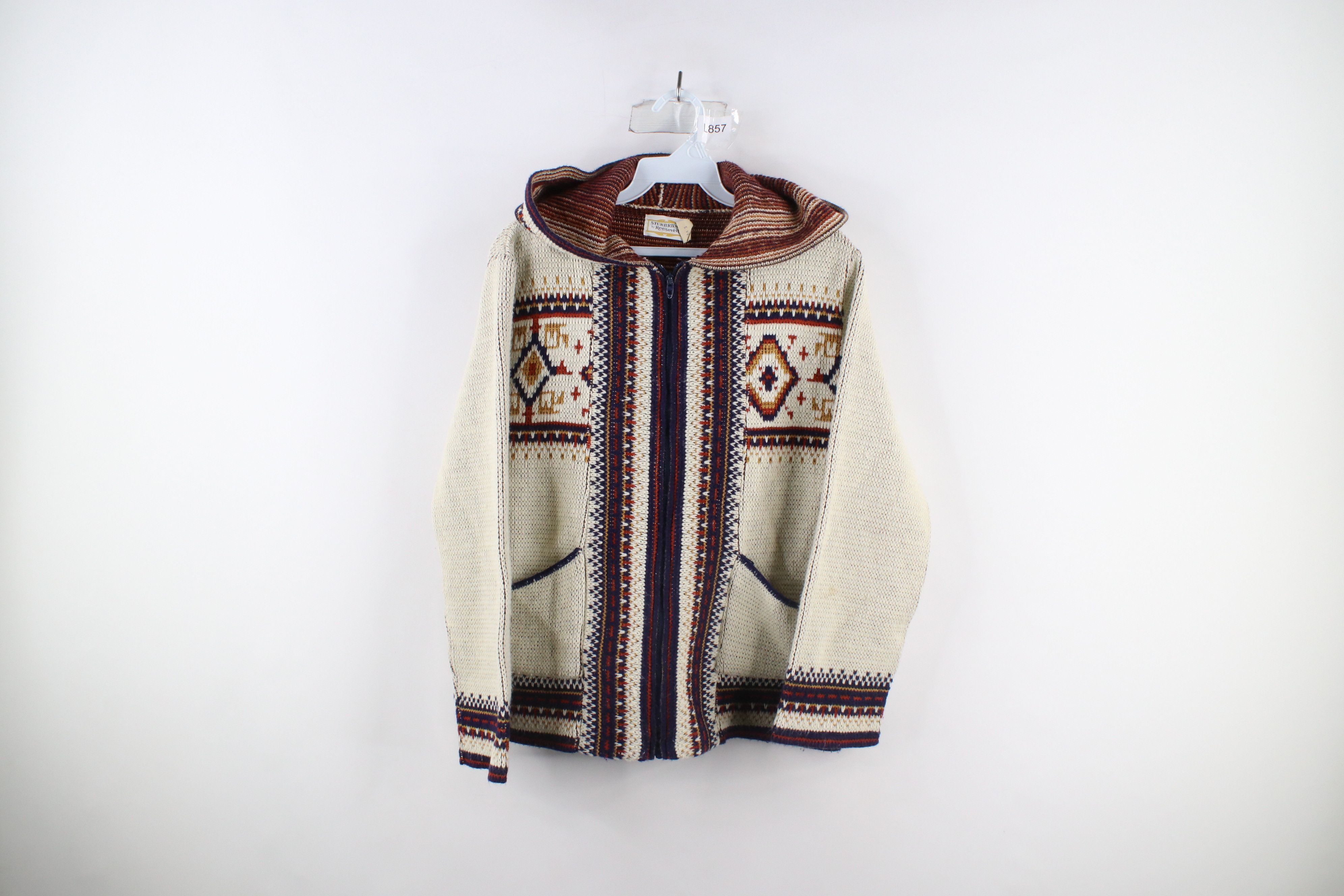 image of Vintage 60S 70's Boho Chic Fair Isle Knit Full Zip Hoodie Usa, Women's (Size Small)