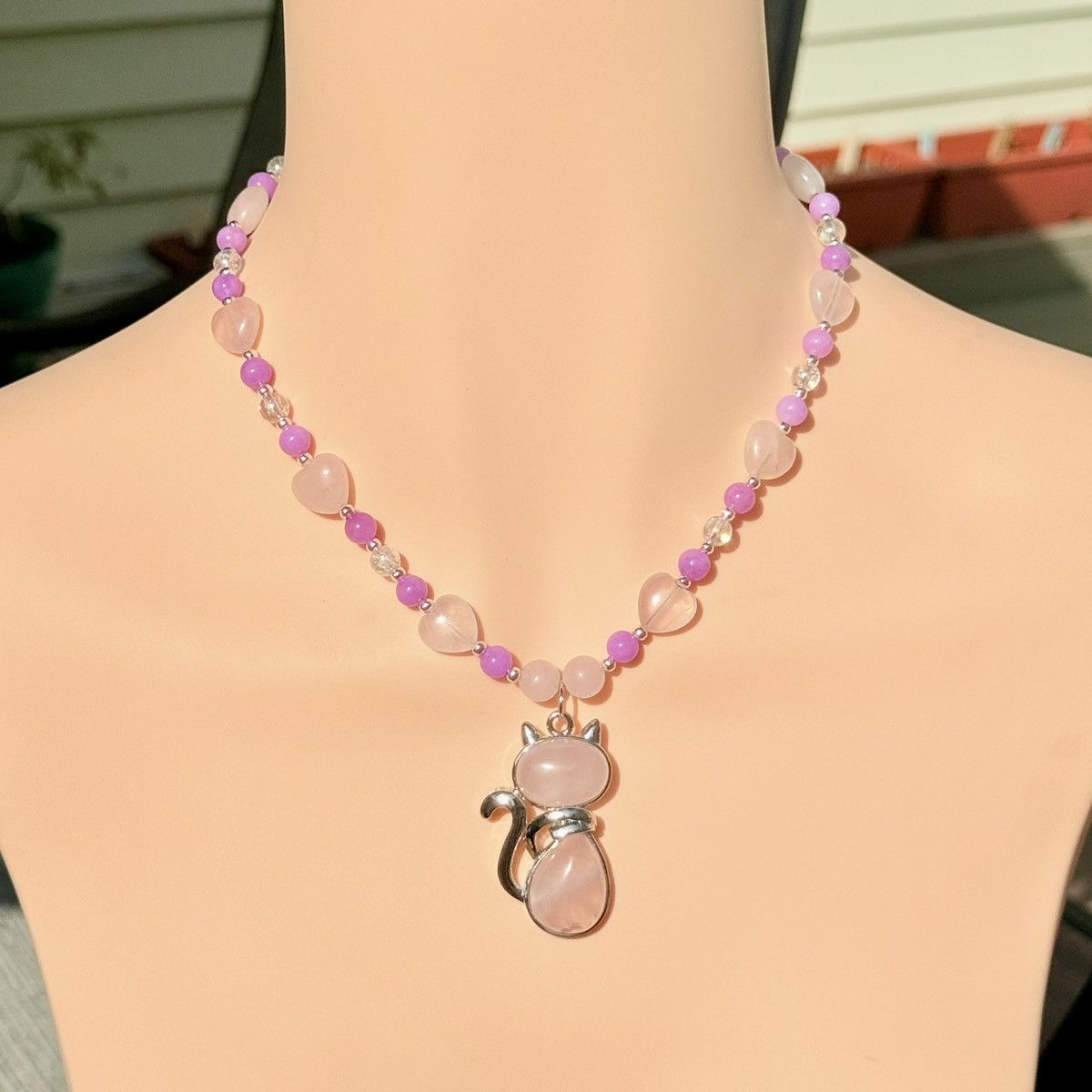 Other Rose Quartz Stone Cat Pendant Handmade Beaded Necklace Size ONE SIZE - 3 Thumbnail