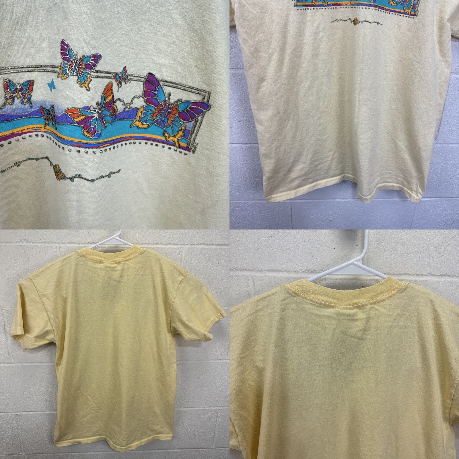 Gildan VINTAGE Butterflies Nature T Shirt Large Yellow Gildan Cotton Short Sleeve Crew Neck 90s Art Tee Unisex Adults Mens Womens Size US L / EU 52-54 / 3 - 8 Thumbnail