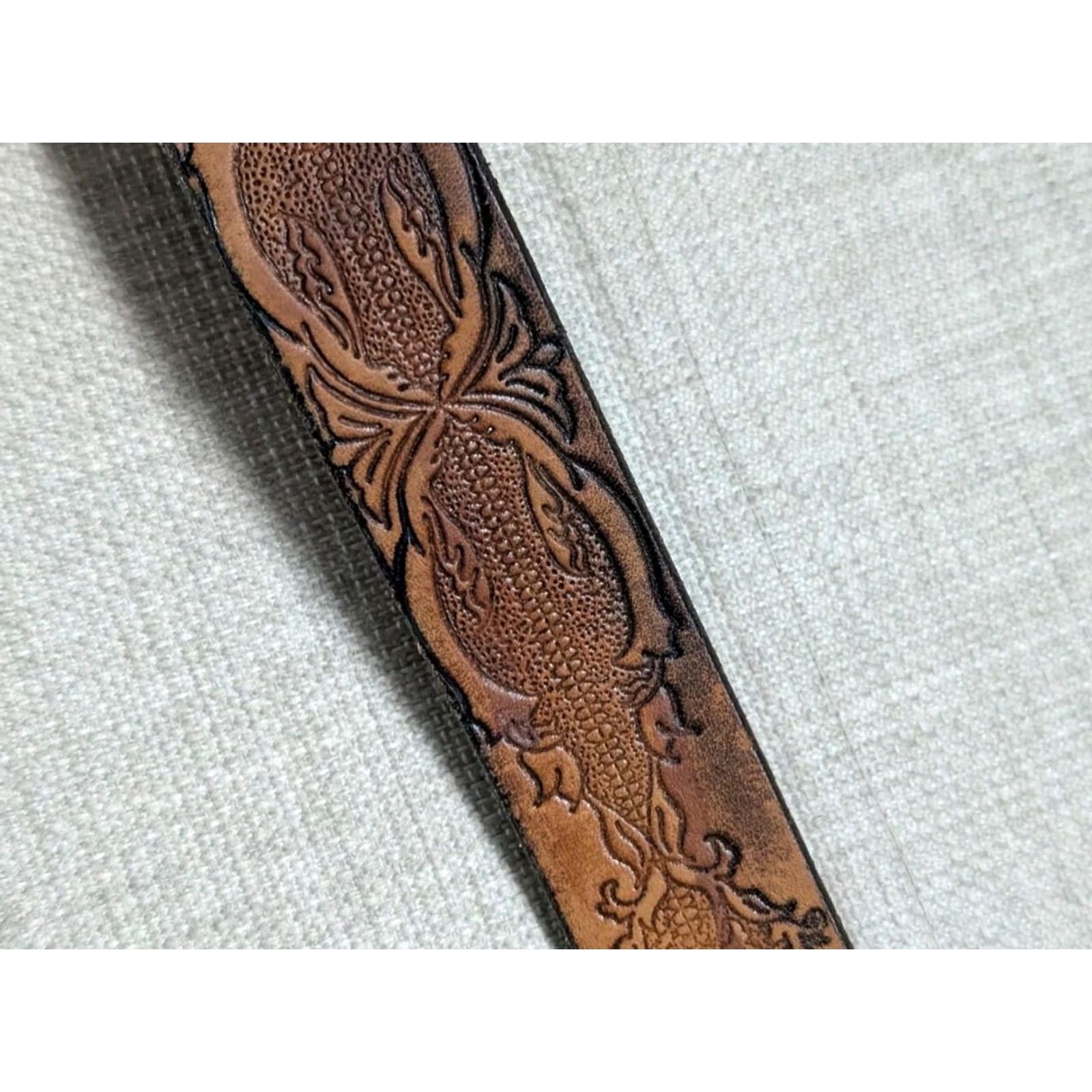Vintage VINTAGE leather belt 1-1/4" full grain cowhide brown western belt Men 46 Southwestern patina buckle snaps Cowboy Rodeo 46 Mens Size 46 - 5 Thumbnail
