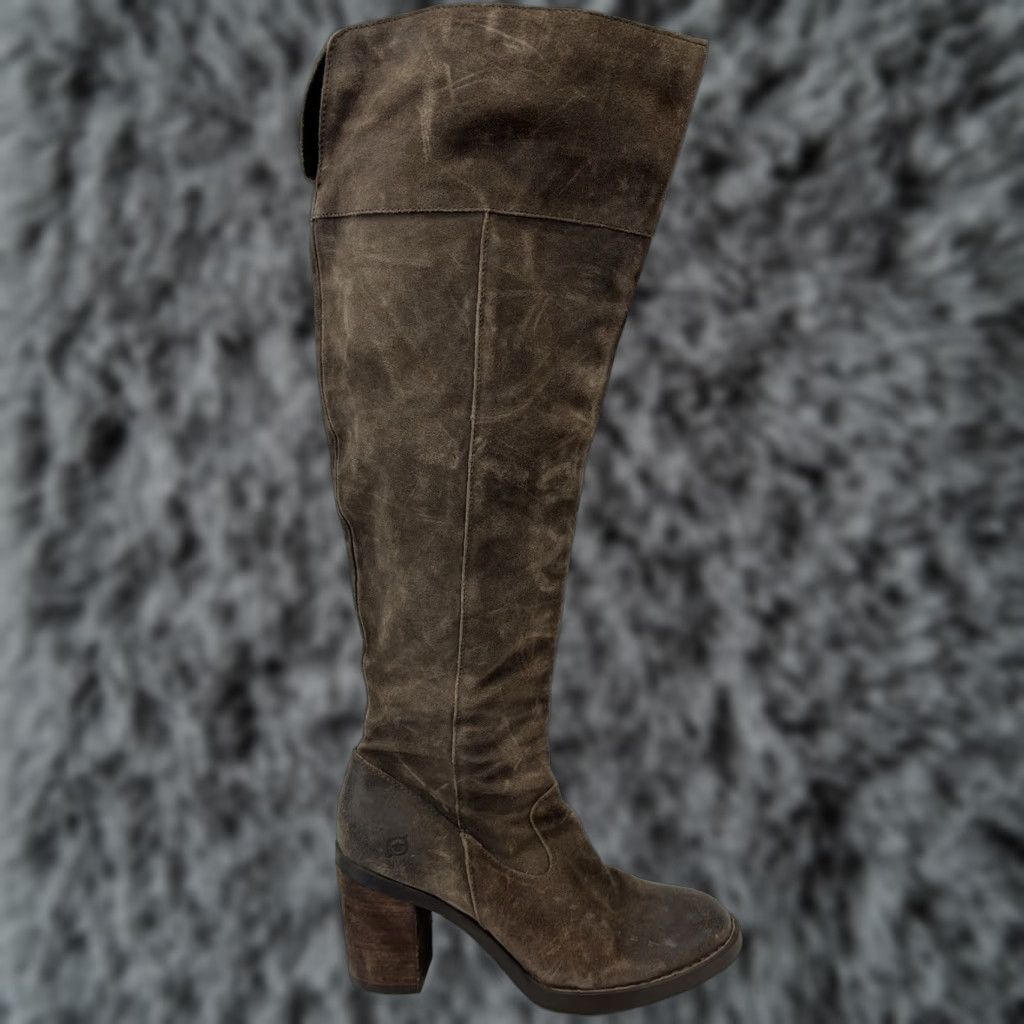 Born Børn Kathleen Tall Boots Brown Grey Suede Leather Chunky Heel Women's 9 M Pirate Size US 9 / IT 39 - 1 Thumbnail