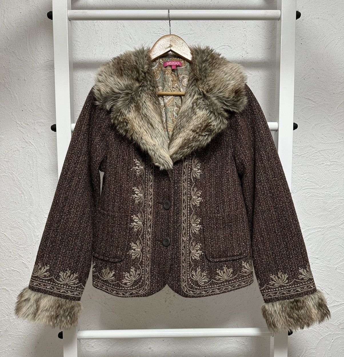 Vintage Women’s Tweed Jacket Size L Y2K 2000s Avant Garde Faux Fur Size L / US 10 / IT 46 - 1 Thumbnail