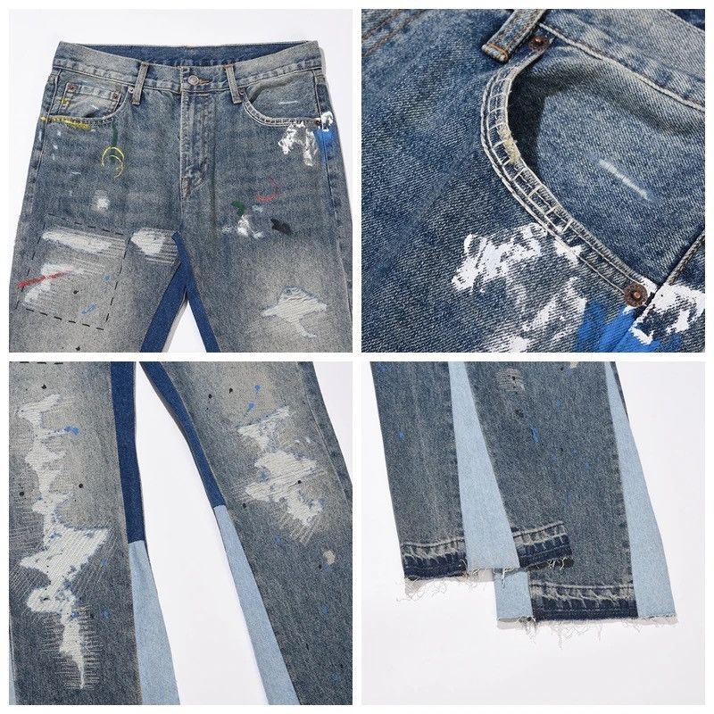 Blue Speckle ink Washed Destroyed Flared Jean
