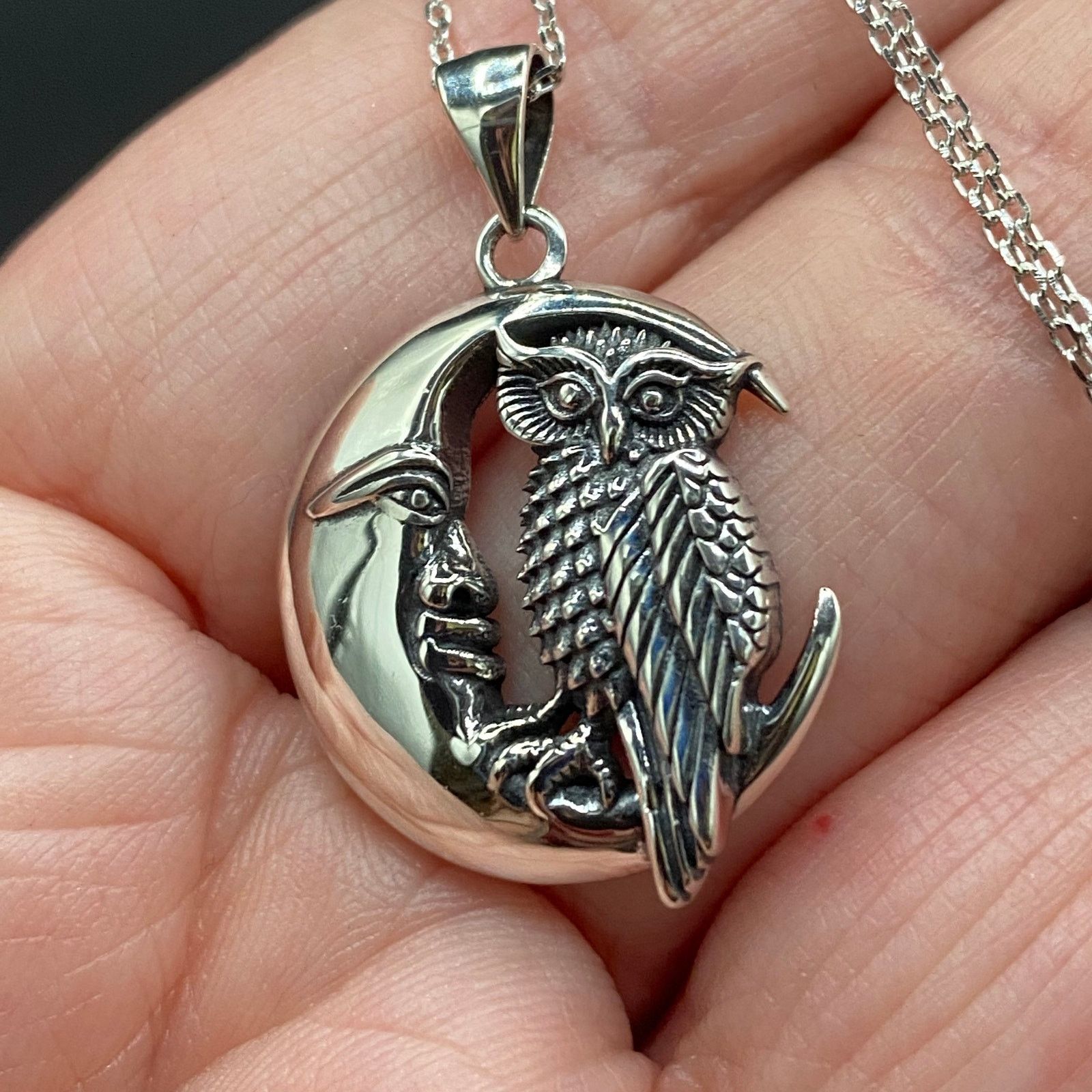 The Unbranded Brand Owl And Moon Sterling Silver Necklace Size ONE SIZE - 2 Thumbnail