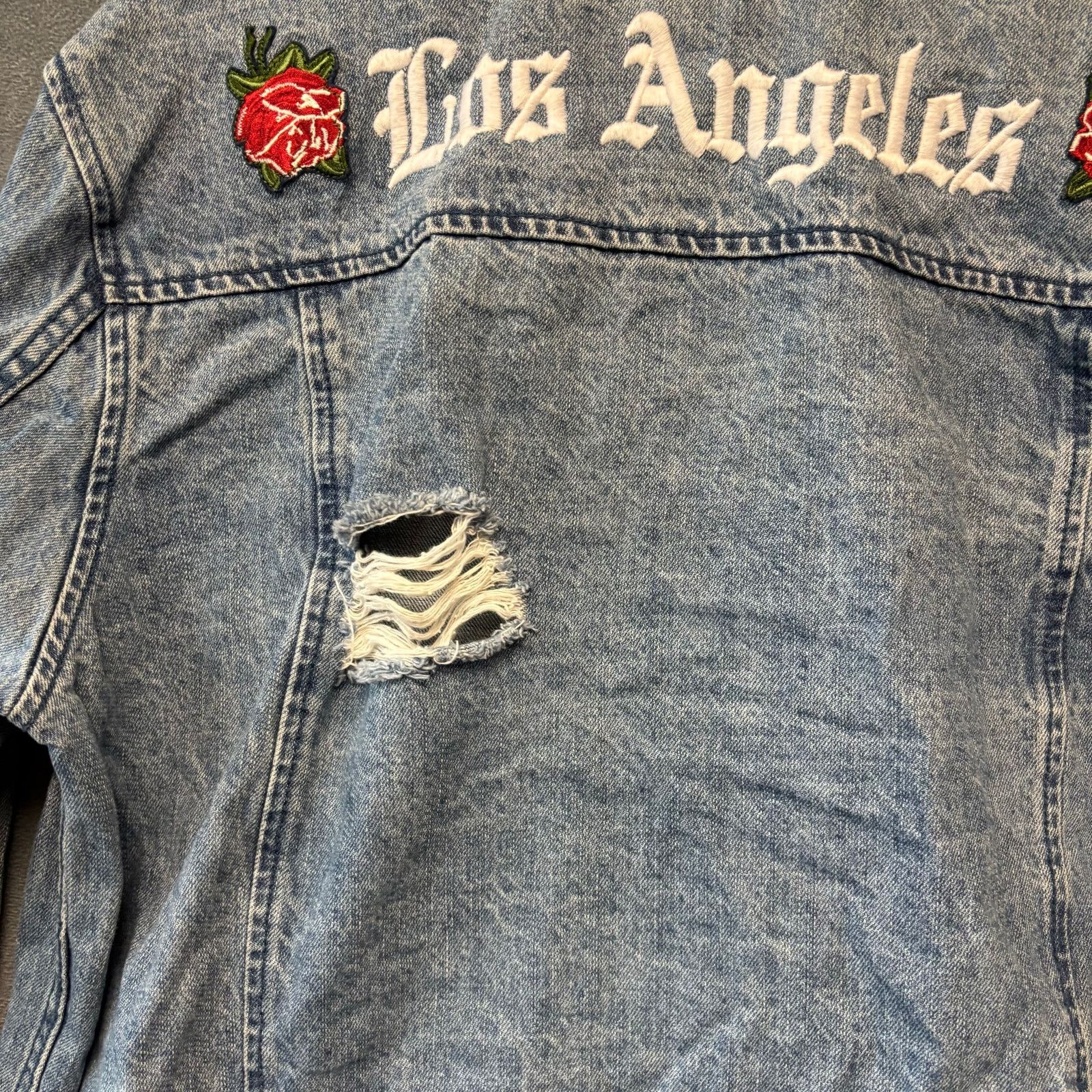 & Other Stories Pac Sun Denim Jacket Los Angeles Roses Embroidered Distress Size L / US 10 / IT 46 - 7 Thumbnail