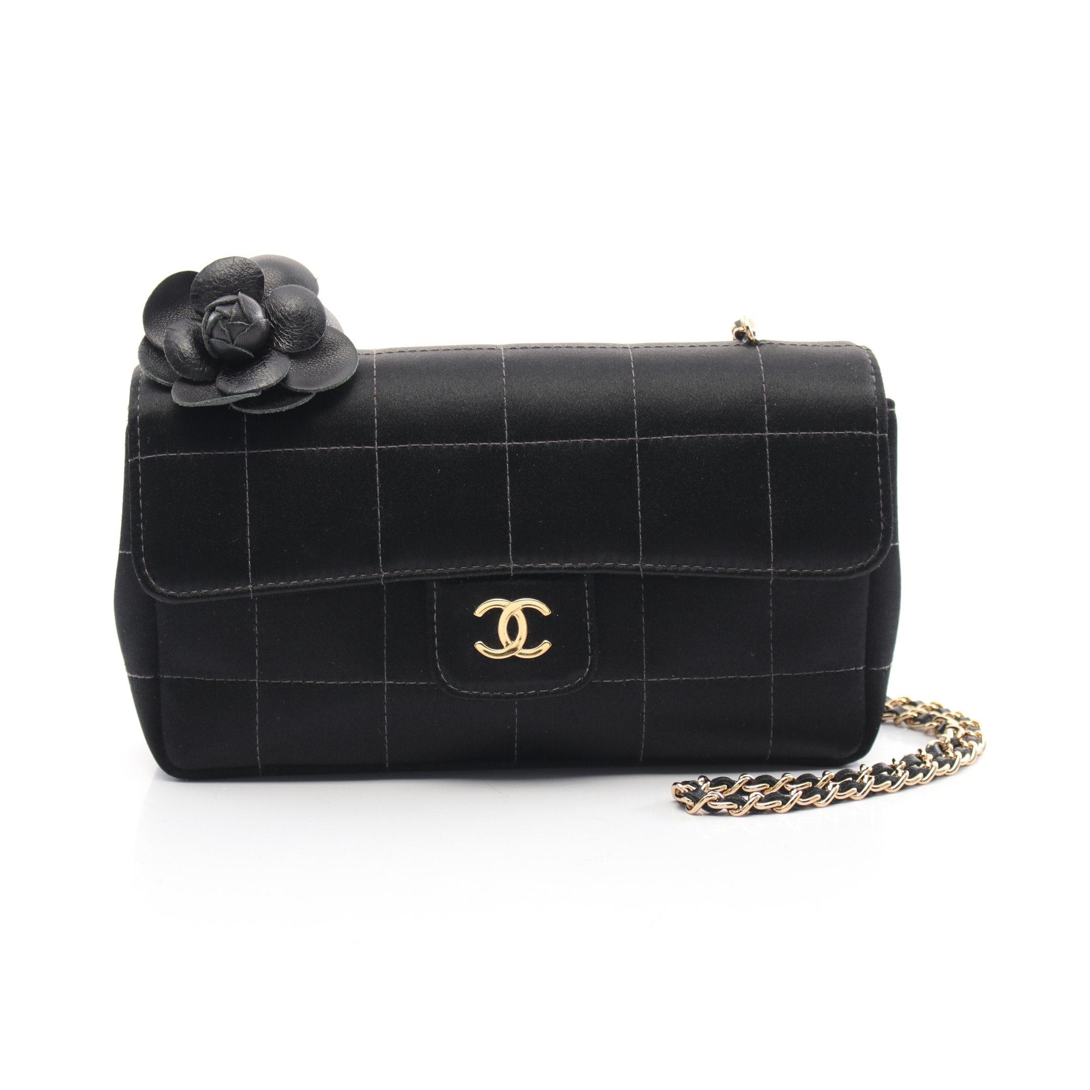 Chanel Chanel Chocolate Bar Camellia Chain Shoulder Bag Satin Black Gold Hardware Size ONE SIZE - 1 Thumbnail