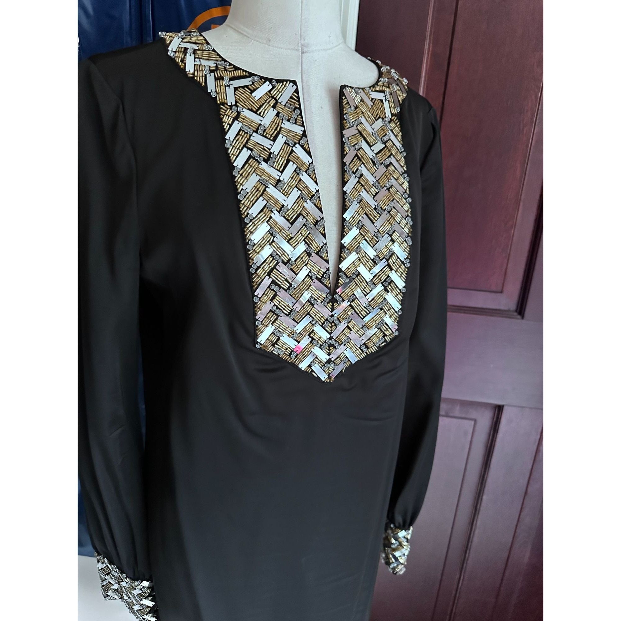 Tory Burch $650 TORY BURCH Barbara Black Beaded Satin Dress ELEGANT Co Size M / US 6-8 / IT 42-44 - 6 Thumbnail