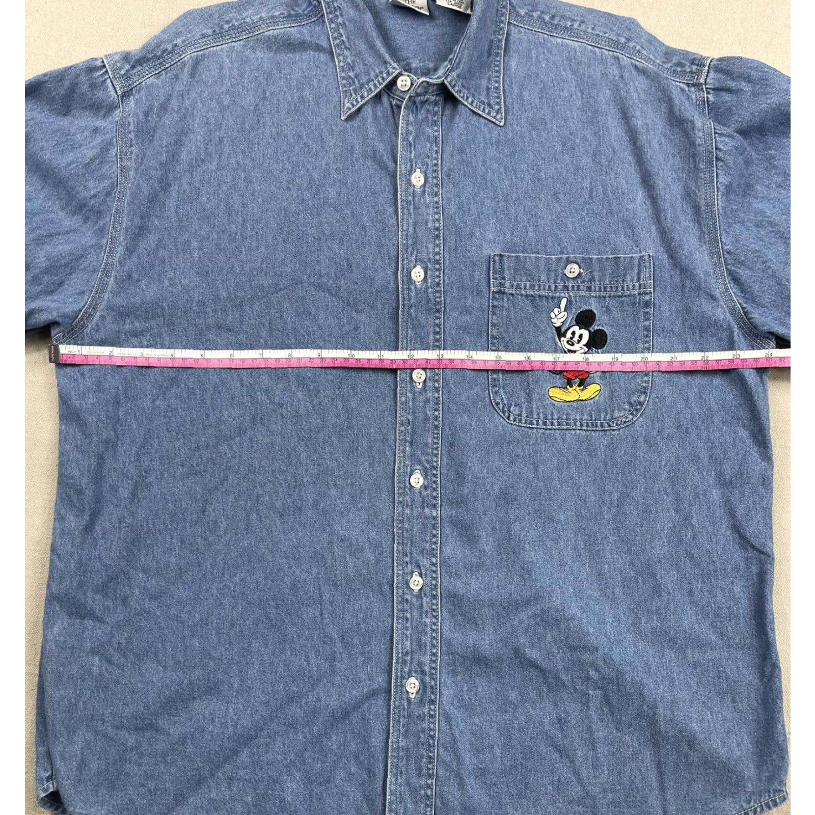 Disney VINTAGE Mickey Inc Shirt Denim 90s Button-Up Adult L Short Sleeve Blue Embroidered Mickey Pocket Size US L / EU 52-54 / 3 - 5 Thumbnail