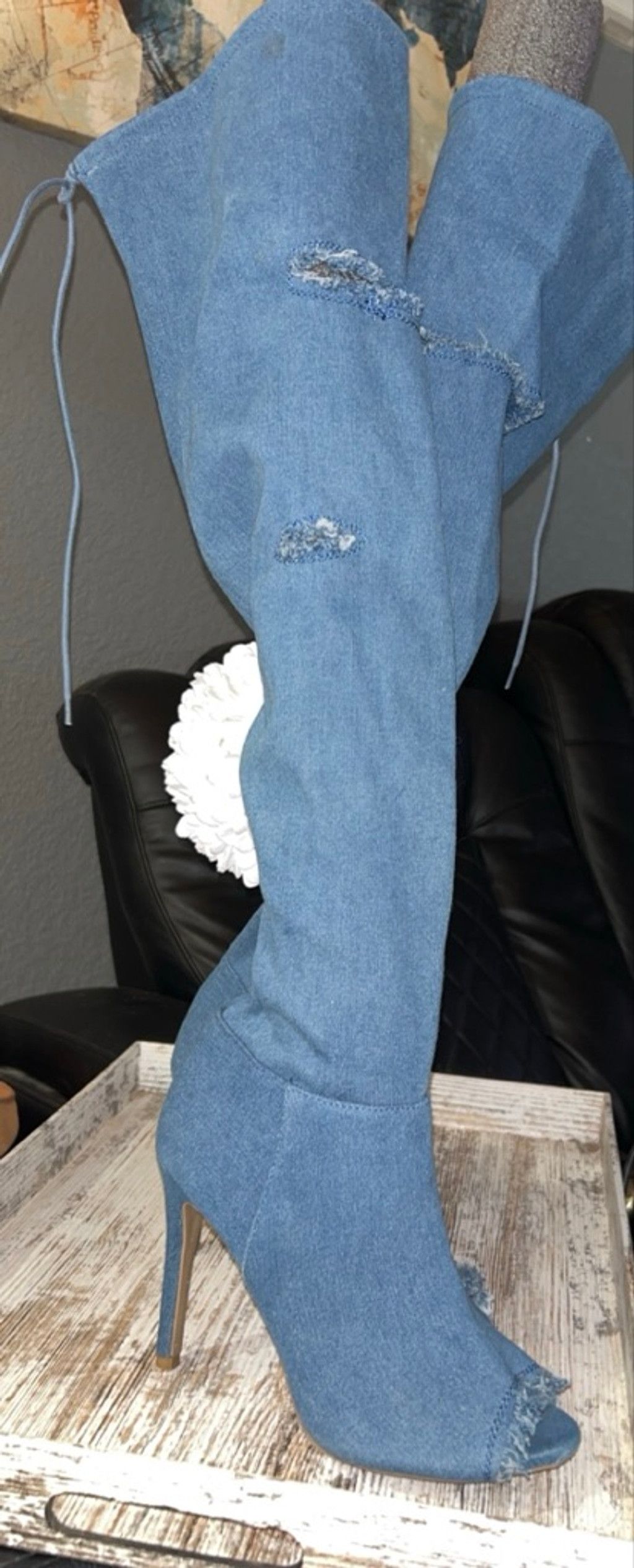 Other Wild Diva Blue Denim Distressed Over the Knee Boots Size 6.5 Size US 6 / IT 36 - 2 Thumbnail