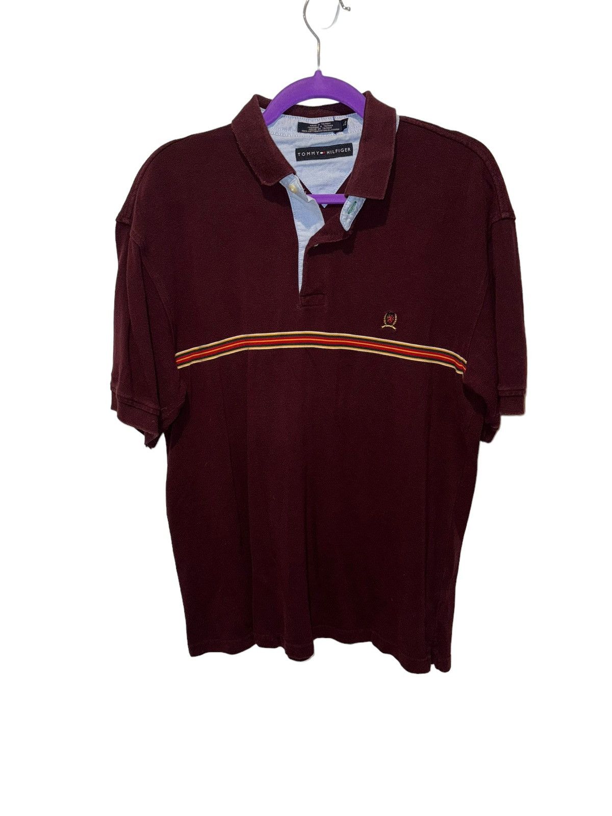 Tommy Hilfiger × Vintage Vintage Tommy Hilfiger Crest Logo Striped Maroon Polo size L Size US L / EU 52-54 / 3 - 1 Thumbnail