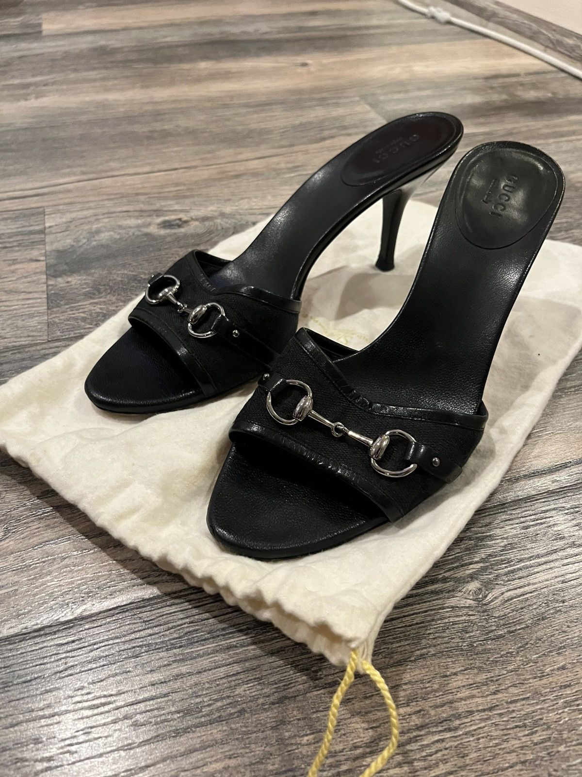 image of Vintage Gucci Black Horsebit Sandals, Women's (Size 7.5)