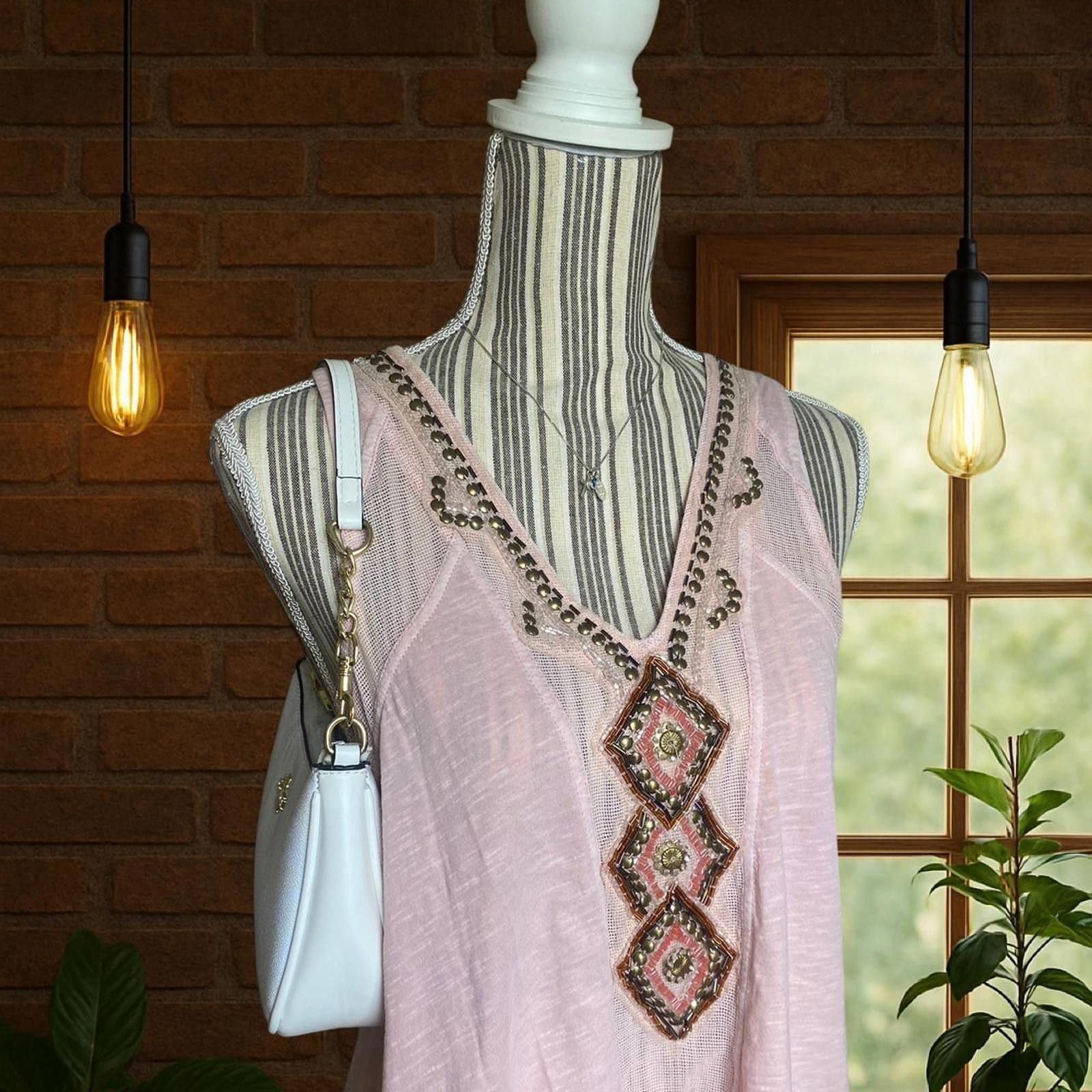 Free People Pink beaded boho top with sequence and mesh detailing Size S / US 4 / IT 40 - 2 Thumbnail