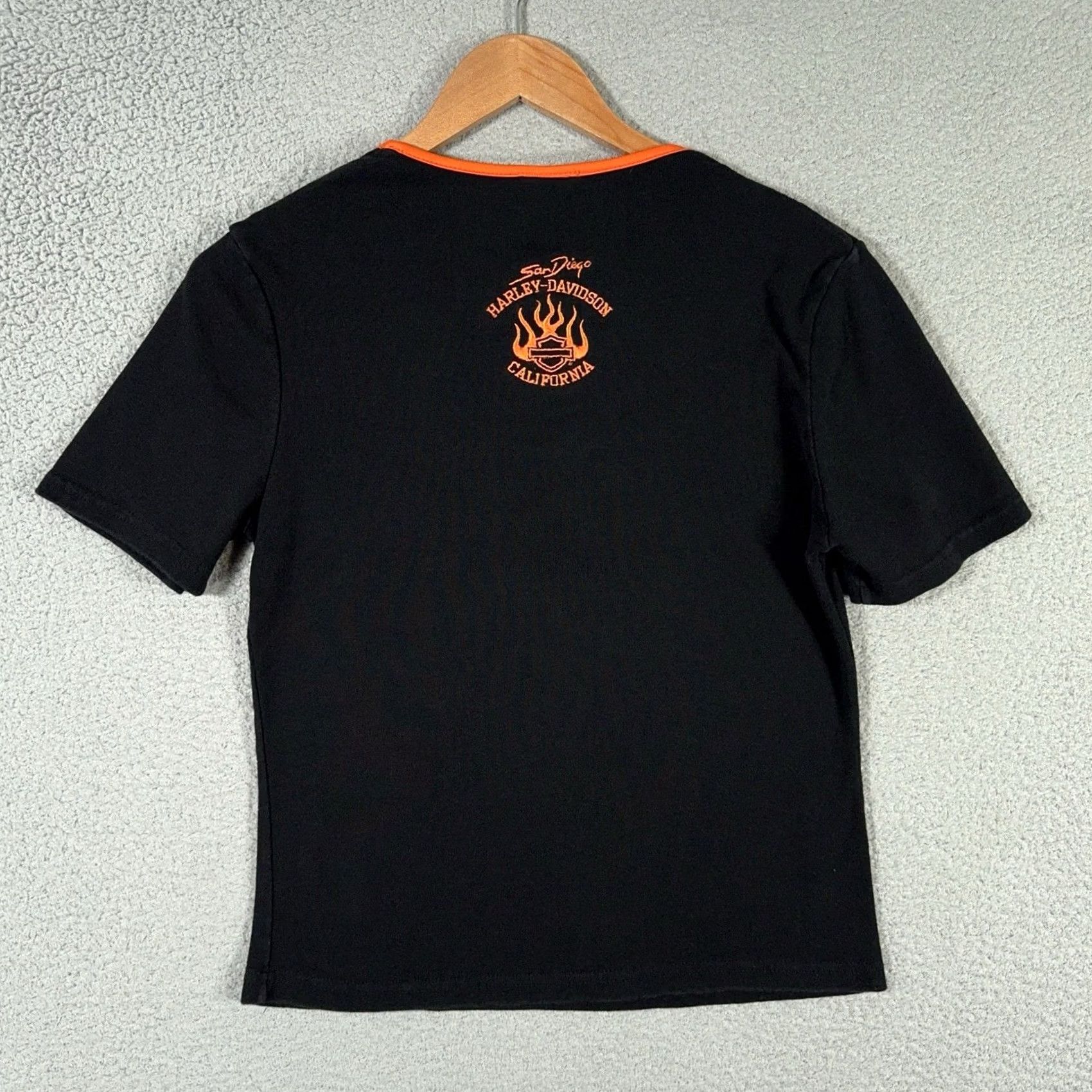 Harley Davidson VINTAGE Harley-Davidson T-Shirt Womens XL Black 90s USA Flame Embroidered Slim Short Sleeve California Biker Riding 90s Labeled USA Women XS-XL Size XL / US 12-14 / IT 48-50 - 2 Thumbnail