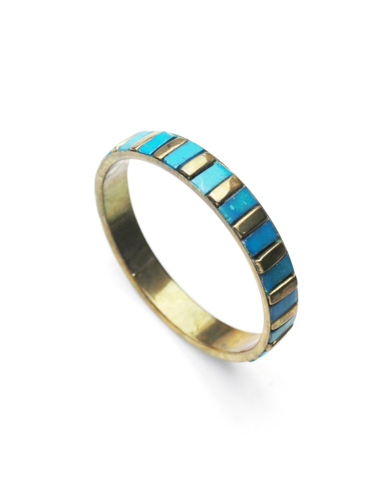 Vintage 1980S JAPANESE HANDCRAFTED TURQUOISE INLAY BRASS BANGLE SET Size ONE SIZE - 6 Thumbnail