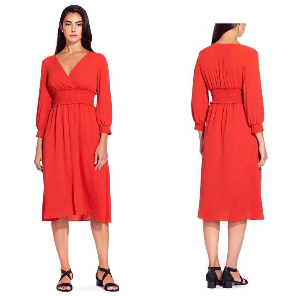 Adrianna Papell Adrianna Papell V-Neck Long Sleeve Smocked Waist Burnt Oran Size L / US 10 / IT 46 - 1 Thumbnail