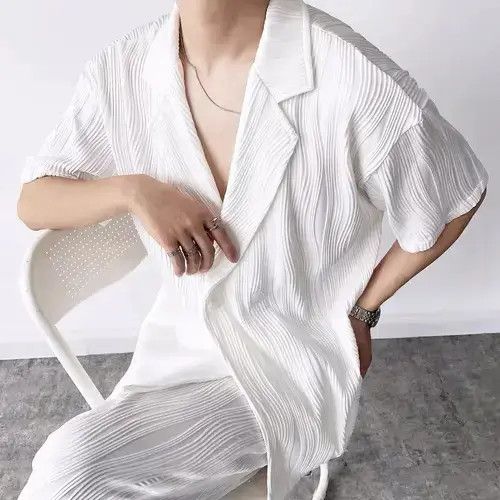 VIBE Korean fashion white wave pleats short sleeve shirt jacket Size US L / EU 52-54 / 3 - 3 Thumbnail