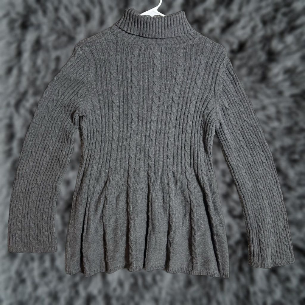 Hannah Sweater Womens XL Cable Knit Turtleneck Pullover Knit 100% Cotton Gray Y2K Vintage Grandmacore Peasant Cozy Warm
