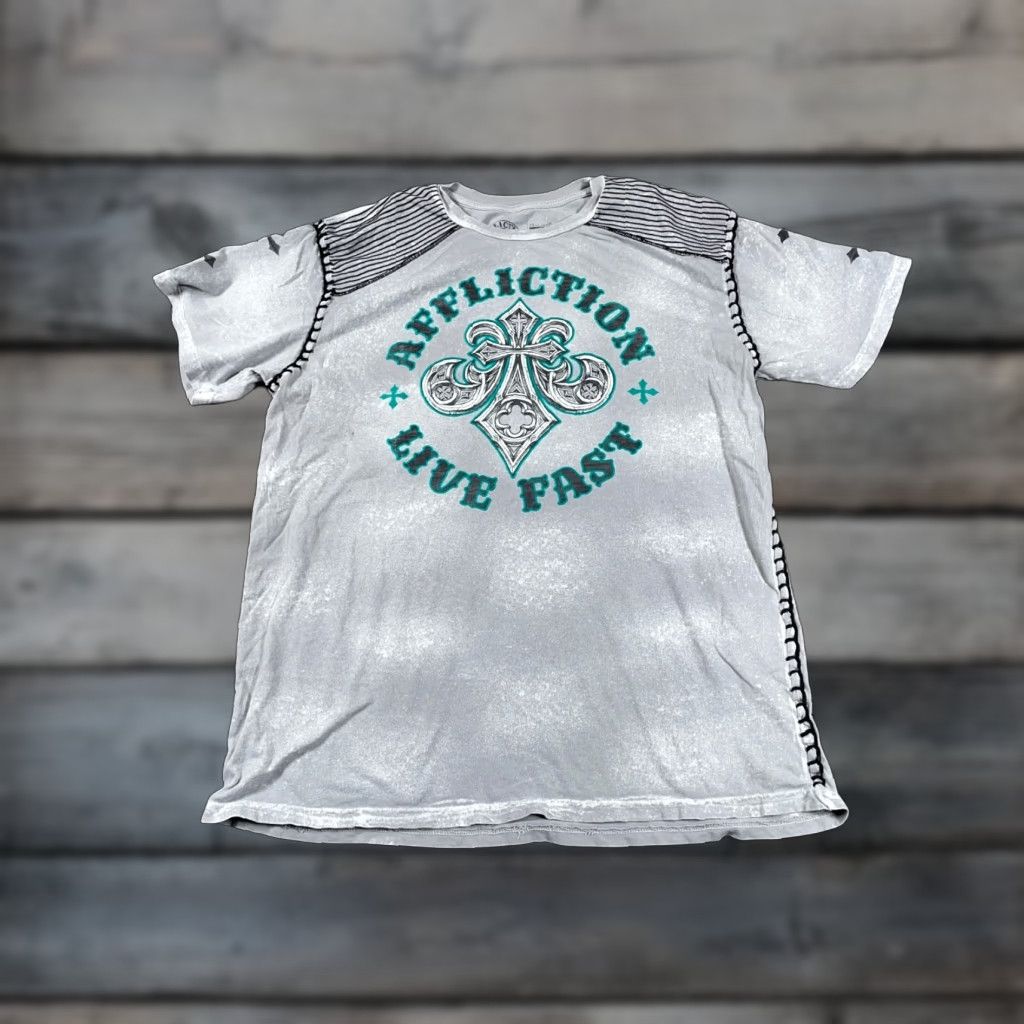 VINTAGE Affliction T-Shirt Shirt Adult 2XL Gray Graphic Print Felt Trim 2000s Hip Hop Retro Mens