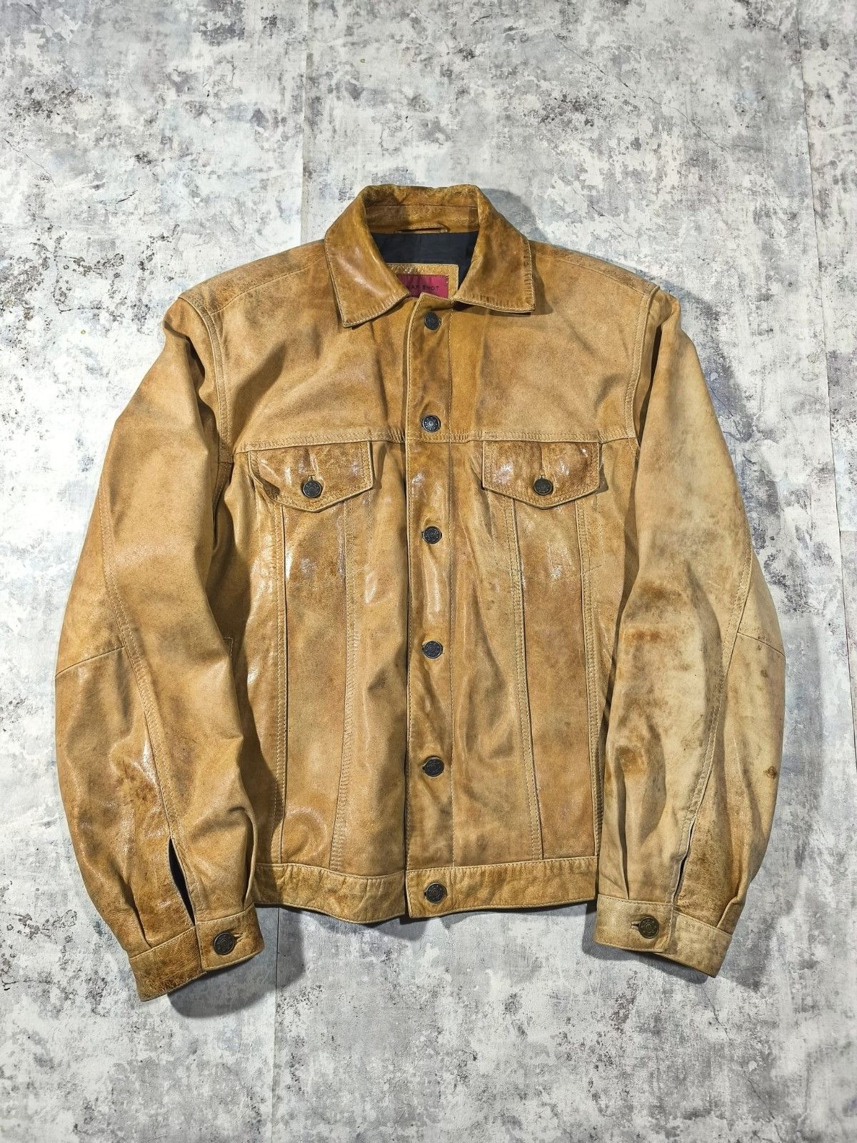 Leather Vtg Faded Distressed Leather Trucker Jacket Vintage 90s Size US L / EU 52-54 / 3 - 3 Thumbnail