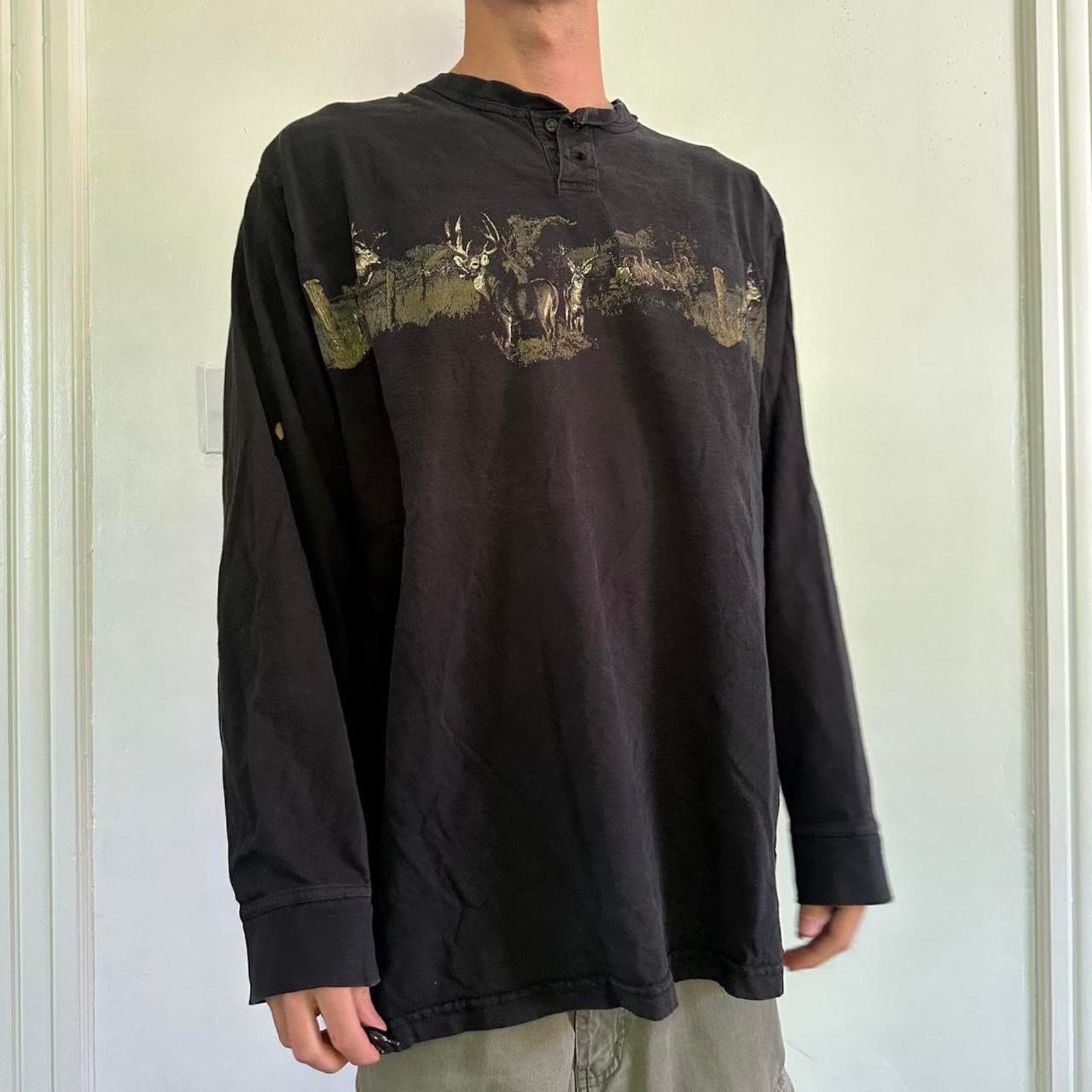 Vintage 00s Black Deer Cotton Henley Graphic Nature Shirt