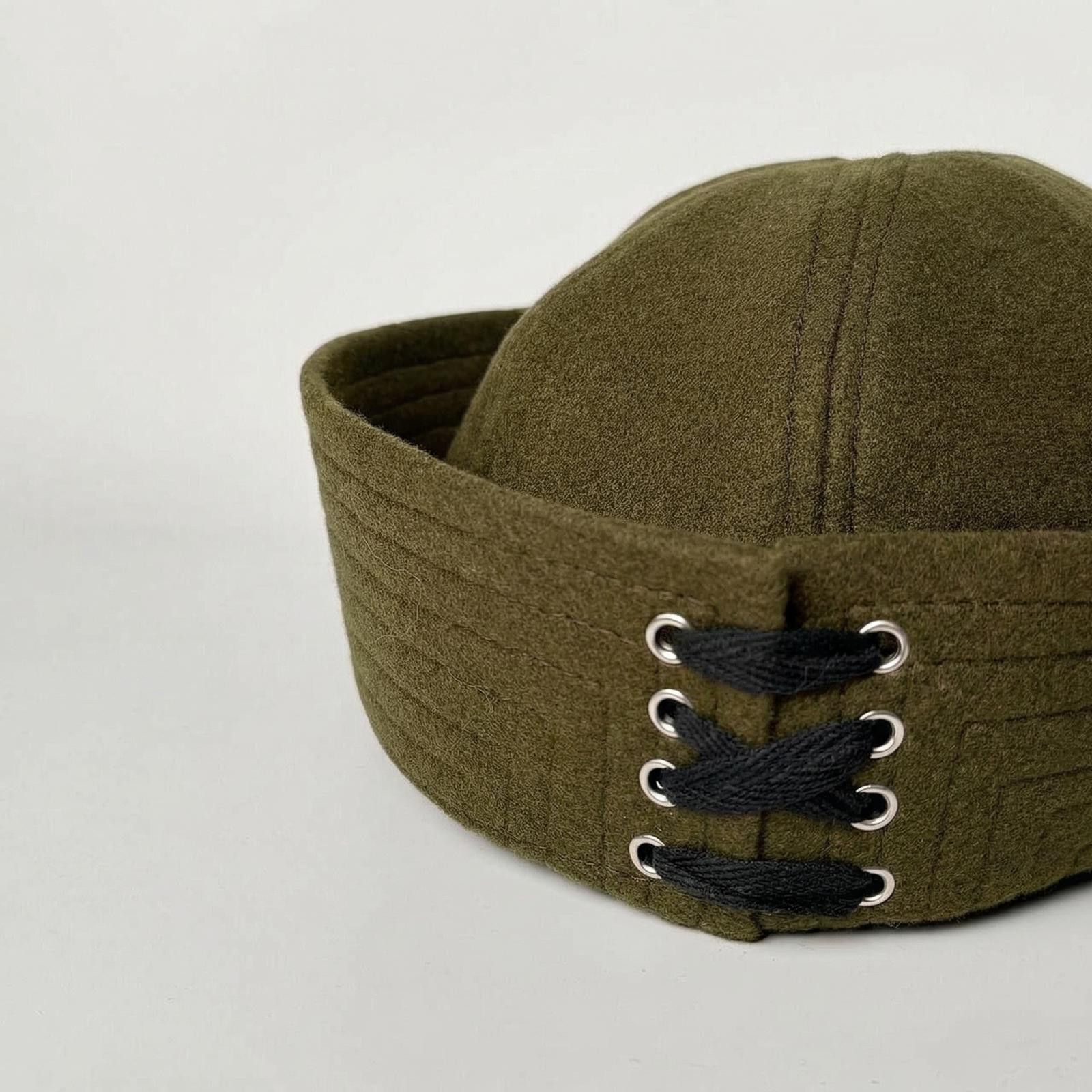 Japanese Brand Olive Green Wool Eyelet Beret Sailor Hat Y2K French Girl Size ONE SIZE - 5 Thumbnail