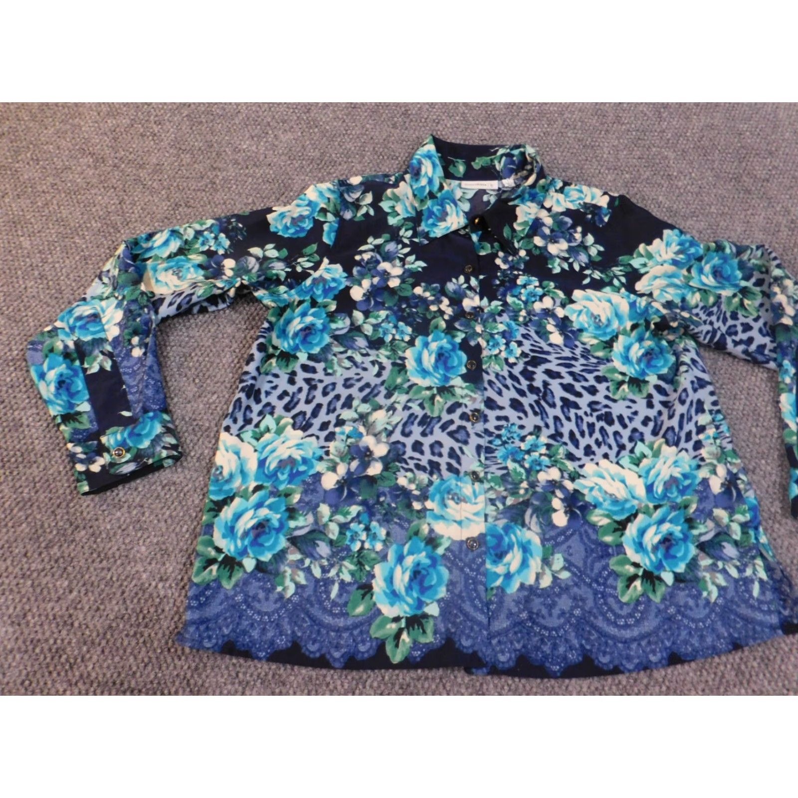Vintage Susan Graver Button-Up Floral Blue Shirt Womens L Knit Polyester Casual Spring Summer Size L / US 10 / IT 46 - 4 Thumbnail