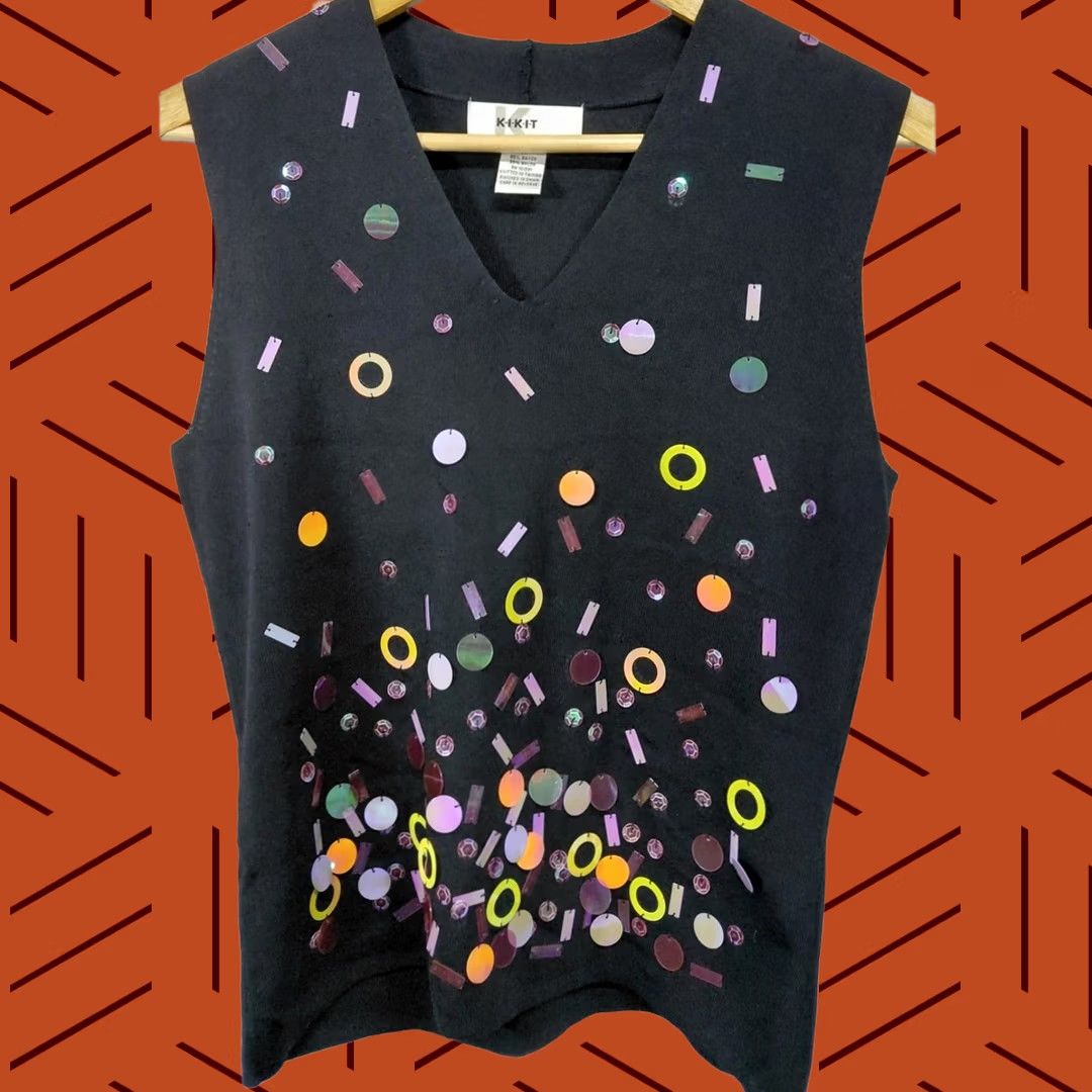 Vintage KIKIT Graphic Print Knit Vest Black Sleeveless Women Size M Size M / US 6-8 / IT 42-44 - 1 Thumbnail