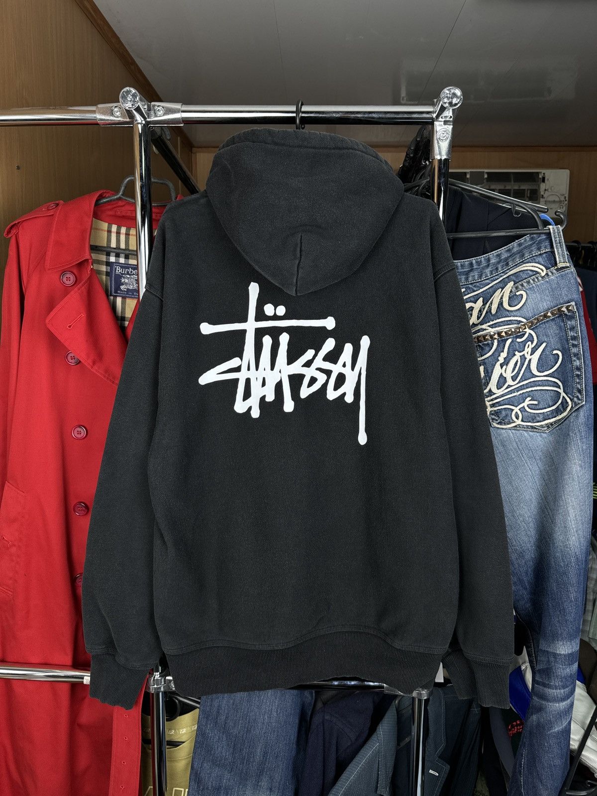Mens Vintage Stussy big logo hoodie faded streetwear logo