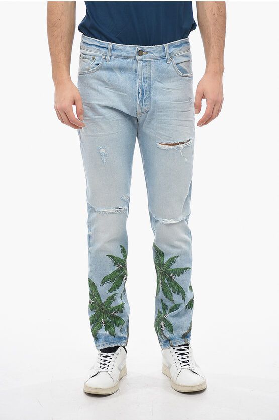 image of Palm Angels Regular Fit Wash Palms Light Wash Denims 16Cm in Light Blue, Men's (Size 33)