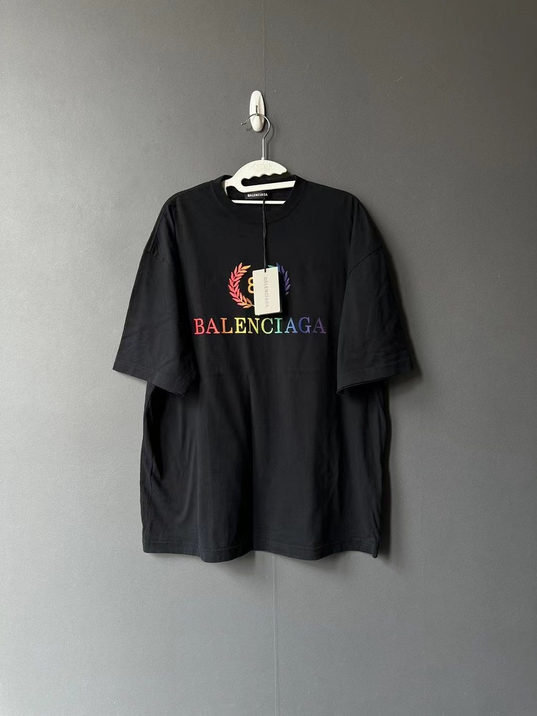 image of Balenciaga Rainbow Crest Logo Black Tee, Men's (Size XS)