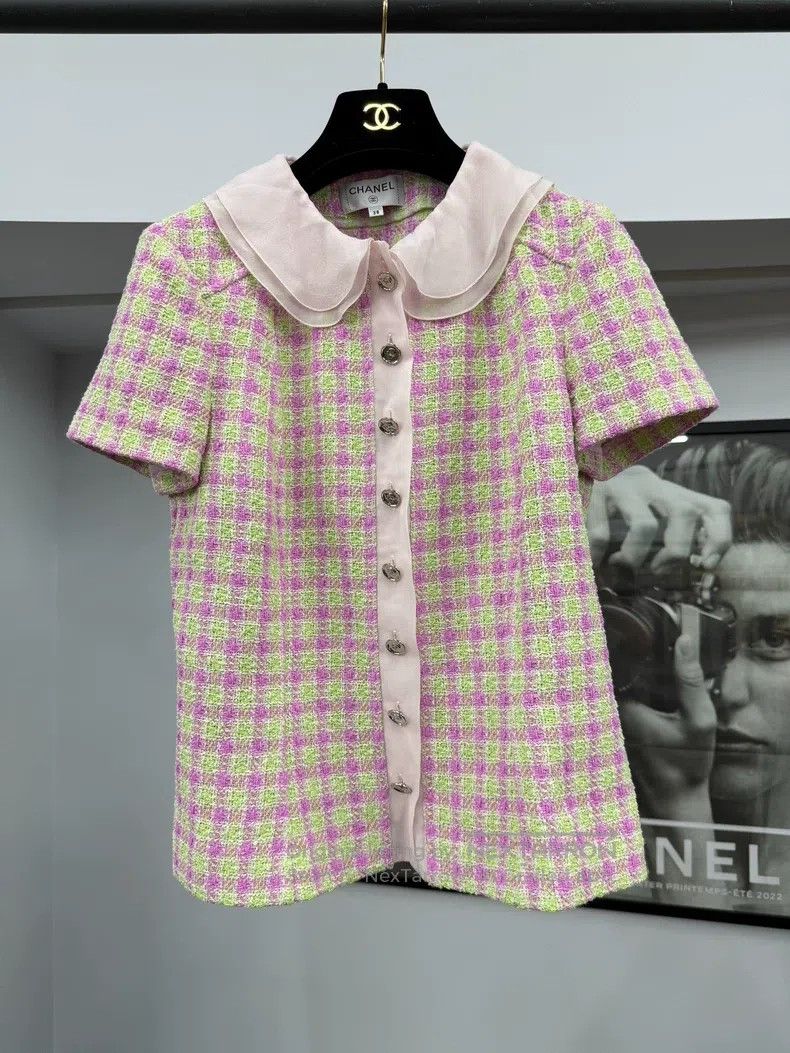 Chanel Chanel 25S pink plaid doll collar short-sleeved jacket Size XS / US 0-2 / IT 36-38 - 1 Thumbnail