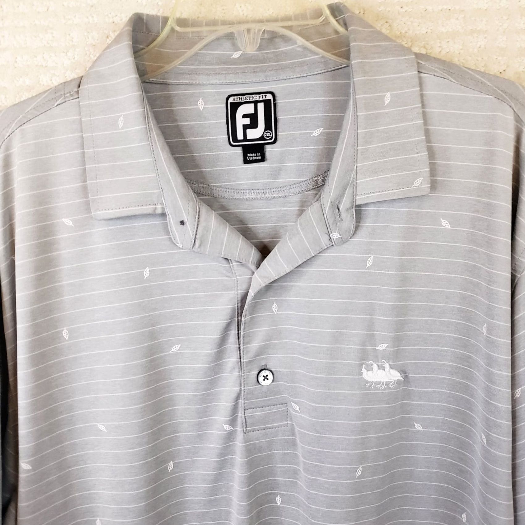 Footjoy FootJoy Polo Shirt Men 2XL Gray White Striped Athletic Fit Quail Logo Polo Shirt Short Sleeve Button Collared Golf Casual Mens Size US XXL / EU 58 / 5 - 3 Thumbnail