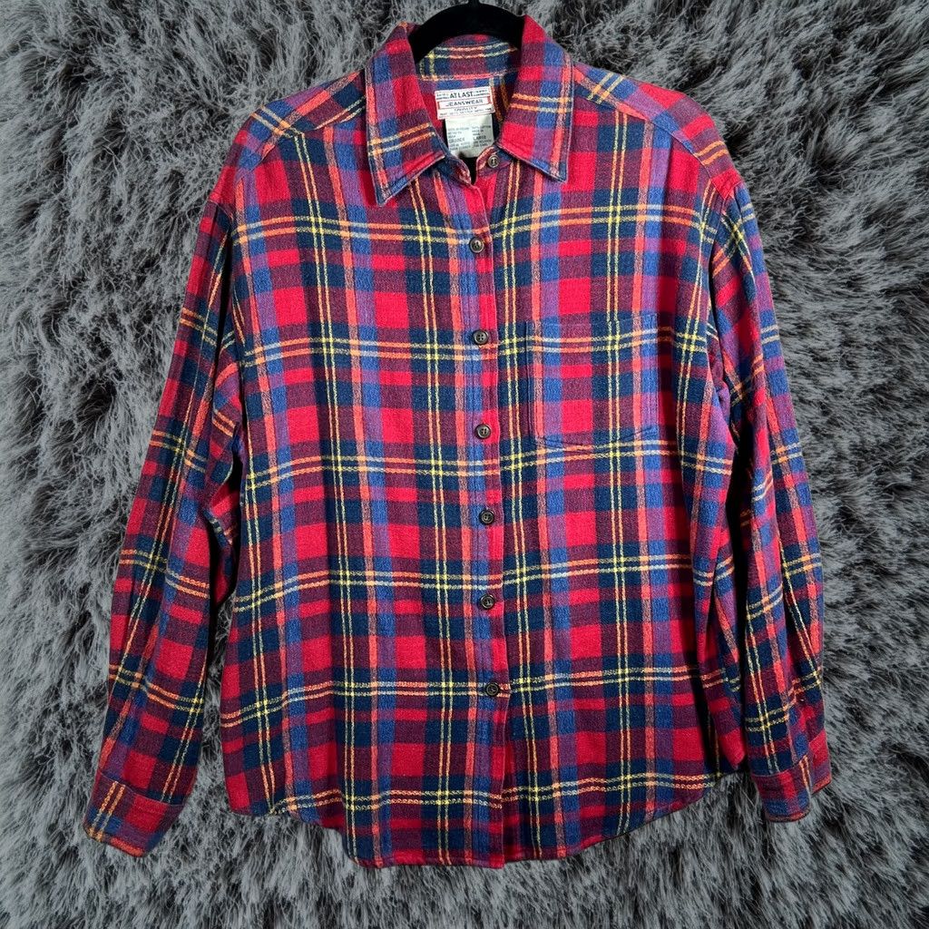 Vintage Atlast Jeanswear Shirt Mens Large Red Blue Plaid Flannel Button Up Lumberjack, Men's
