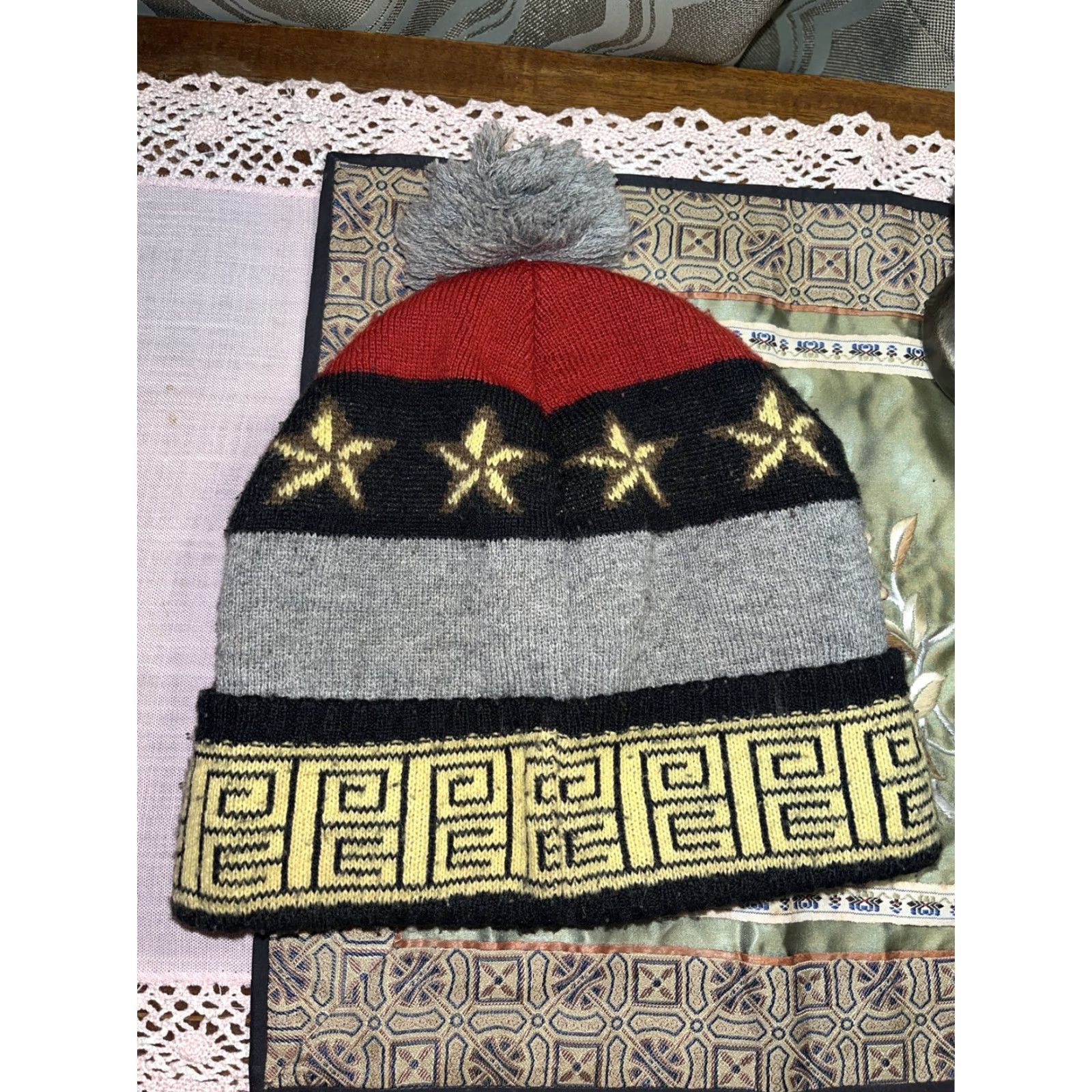 Paradise Play Cloths Mens Winter Beanie Hat — Gray Red Stars Yellow Cotton Pom Pom Casual Fall Winter Spring Men Size ONE SIZE - 2 Thumbnail